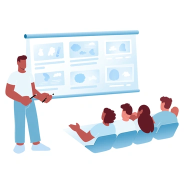 A student stands in front of a group of classmates, holding a pointer in one hand. The student is wearing a casual t-shirt and jeans. Behind the student is a large board displaying a storyboard sequence with multiple frames, each containing illustrations related to a narrative. The classmates are seated in rows, looking attentively at the presentation. Some classmates are taking notes, while others have their arms crossed and are focused on the board. The classroom environment suggests a creative learning atmosphere.