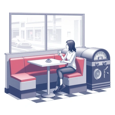 A solitary person sitting at a booth in a diner reminiscent of the 1950s. The diner features chrome accents, red vinyl seating, and checkered flooring. The person is dressed in casual clothing, with a relaxed posture as they hold a coffee cup in one hand. A small plate with a donut sits on the table in front of them. The diner has large windows showing a bustling street outside, and a vintage jukebox is positioned in the corner, adding to the nostalgic atmosphere.