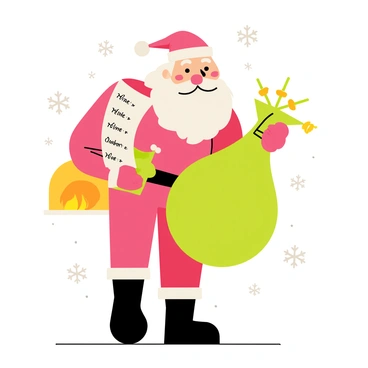 Santa Claus is wearing a traditional red suit with white fur trim and black boots. He has a round face with rosy cheeks and a fluffy white beard. In his hands, he is holding a large green sack adorned with jingling bells, which are reflecting light. Santa is intently checking a rolled-up list with names written on it, furrowing his brow in concentration. Snowflakes softly fall around him, creating a festive atmosphere. In the background, a warm glow emanates from a nearby cozy fireplace, adding to the holiday spirit.