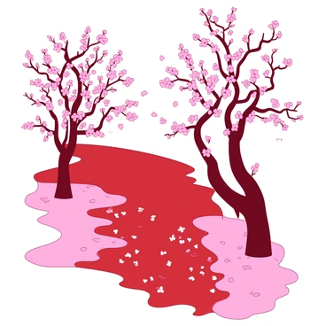 A red pathway is covered in fallen petals from withered pink cherry blossoms. The petals are scattered densely along the ground, creating a soft carpet of color. On either side of the pathway, there are leafless branches extending from the cherry blossom trees, with a few remaining buds still clinging to the branches. The atmosphere is calm, with gentle breezes causing a few petals to swirl softly in the air.