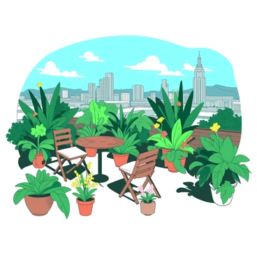 A rooftop garden in a bustling city, with plants and a small seating area