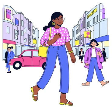 An Indian woman walking confidently along a bustling city street. She is wearing a stylish fusion outfit that combines traditional Indian elements with contemporary fashion. The outfit includes a vibrant kurta that flows just above her knees, paired with fitted jeans. Her accessories include bold, statement earrings and a sleek handbag. The background features modern buildings and colorful street signage, with people and vehicles in motion, highlighting the lively urban atmosphere.