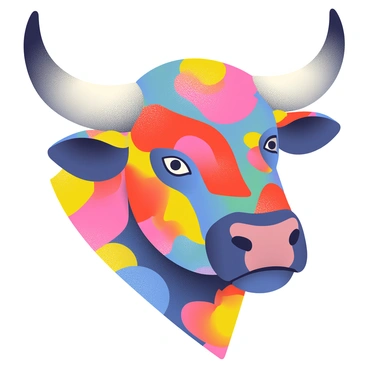 A bull's head is prominently displayed, featuring a strong and muscular structure. The surface of the bull's head is adorned with vibrant abstract colors, including bright reds, blues, and yellows that blend and swirl together. Textures of various patterns include smooth gradients and rough brush strokes that enhance the visual complexity. The bull's eyes are intense and focused, set against the colorful background, emphasizing its powerful presence. The horns curve upward, accentuating the fierce and majestic nature of the animal.
