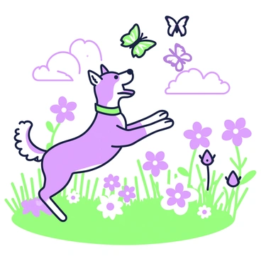 A playful dog is leaping into the air, aiming to catch "colorful butterflies" in a blooming meadow. The dog has a shiny coat and an expression of excitement. Around the dog, "butterflies" flutter, showcasing various intricate patterns on their wings. The meadow is filled with tall grass and an array of "blooms," including large flowers in various sizes. The sky above is clear and bright, providing a cheerful backdrop to the lively scene.