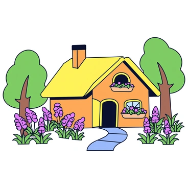 A quaint witch's cottage with a thatched roof and wooden walls, surrounded by tall trees. The cottage features a small, round window with flower boxes filled with colorful blooms. In front of the cottage is a garden overflowing with various magical plants, including vibrant purple flowers and tall green herbs. A winding stone path leads from the garden to the front door of the cottage.