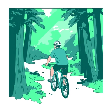 A teal cyclist is riding a mountain bike along a winding forest trail. Sunlight is filtering through the canopy of green leaves overhead, creating dappled patterns on the ground. Tall trees with textured bark line either side of the path, and patches of vibrant foliage peek from between the trunks. The cyclist is wearing a helmet and colorful biking gear, focused on navigating the terrain. The scene captures the essence of an adventurous ride through nature.