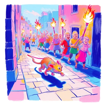 A skaven, a small humanoid creature with matted fur and large, beady eyes, is sprinting away with a look of panic on its face. Its long, thin tail trails behind as it dashes through a cobblestone street. A group of angry townsfolk follows closely behind, brandishing torches that flicker with bright flames. The townsfolk are a mix of men and women, wearing simple clothing with expressions of determination and frustration. Some are pointing at the skaven, while others are raising their torches high. The scene is filled with vibrant colors, capturing the chaotic yet humorous nature of the chase.