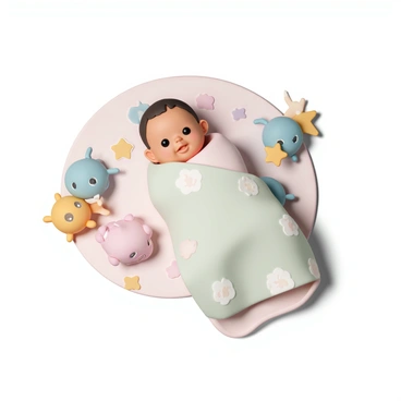 A snug baby, with chubby cheeks and bright eyes, is wrapped tightly in a pastel-colored blanket featuring cute animal patterns. The blanket envelops the baby, leaving only the tiny face visible. The baby is lying on a soft play mat adorned with various shapes and colors that enhance the playful atmosphere. Surrounding the baby are colorful plush toys, adding to the cozy scene. The gentle lighting casts a warm glow over the entire composition, creating a serene environment.