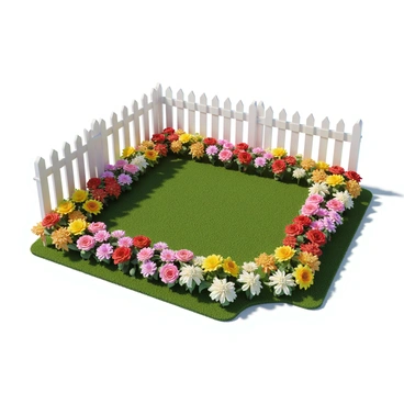 A vibrant garden filled with a variety of colorful flowers, including roses, daisies, and sunflowers. The flowers are arranged in neat clusters, creating a lively and inviting atmosphere. In the center of the garden, there is a small patch of green grass. The garden is enclosed by a white picket fence, which has a traditional design with pointed tops. The fence is well-maintained and serves as a charming border around the garden. Bright sunlight illuminates the scene, enhancing the colors of the flowers and the white of the fence.
