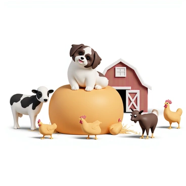 A Shih Tzu sitting on a hay bale, surrounded by barn animals and a red barn