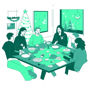A teal youth group is gathered around a large table with various snacks spread out on it, such as bowls of popcorn and plates of cookies. They are playing board games and laughing, fully engaged in an Advent-themed game night. Colorful Advent decorations hang from the walls, including wreaths and stars. The atmosphere is lively, with some members wearing festive sweaters, while others are holding cards and dice. A small white tree is placed in one corner, adorned with ornaments that reflect the holiday spirit.