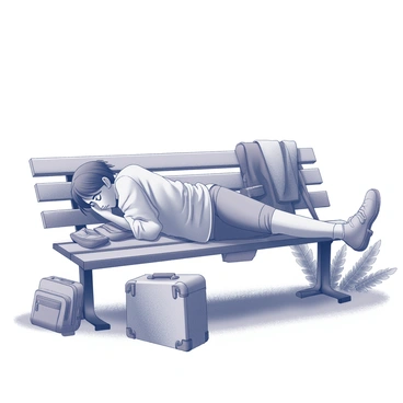 A tired individual is lying on a park bench, resting comfortably. The person is dressed in casual clothing, appearing worn out. Scattered around the bench are several personal belongings, such as a backpack, a small suitcase, and a jacket draped over the side. The setting includes a grassy area beside the bench, with a few trees in the background adding to the outdoor atmosphere. A pair of worn shoes can be seen near the side of the bench. The individual has their arms crossed under their head, and an expression of tranquility is visible on their face.