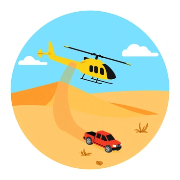 A KMAX helicopter with a distinctive twin-rotor design is descending towards the ground in a vast desert landscape. The helicopter is painted in bright yellow and black, with its rotors spinning rapidly. Below, a stranded vehicle, a red pickup truck, sits on the sun-baked, sandy terrain surrounded by sparse patches of dry vegetation. The sky is clear with a few fluffy white clouds, and the bright sun casts long shadows across the dunes. Dust is being kicked up from the helicopter's landing as it approaches the vehicle, ready to assist.