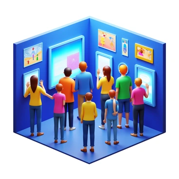 A group of visitors engaging with various interactive digital displays in a museum exhibit. Some of the visitors are touching screens, while others are observing holographic images. The exhibit is well-lit, highlighting the vibrant colors of the digital content. People of different ages and backgrounds are present, showing interest and curiosity. The walls are adorned with modern artwork, creating an immersive atmosphere.