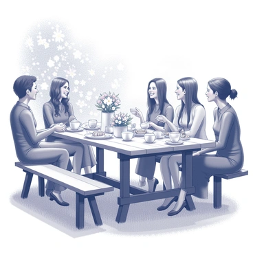 A garden setting with a wooden table set for a tea party. The table is adorned with delicate porcelain tea sets, assorted pastries, and floral arrangements in vases. Several guests are seated around the table, engaged in conversation and laughter. Each guest has a slight blush on their cheeks, reflecting their enjoyment. The background features lush greenery, blooming flowers, and sunlight filtering through the leaves, creating a warm atmosphere.