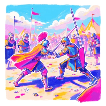 A scene depicts "warriors" in a dramatic battle on a "battlefield." The warriors are wearing "armor" that reflects different cultures and styles. One warrior has a "red plume" on their helmet and is wielding a "broad sword," while another warrior, clad in "dark armor" with intricate designs, counters with a "spear." The ground is littered with "shields" and "fallen weapons." In the background, there are "tents" and "flags" fluttering in the wind, adding to the chaos of the battle. Dust and dirt are being kicked up as the warriors clash, with expressions of determination on their faces.
