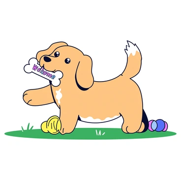 A small dog with a fluffy coat is excitedly wagging its tail. The dog has bright eyes and a happy expression. In its mouth, it holds a bone-shaped toy that is decorated with the words "Welcome Back" in colorful letters. The dog stands on a grassy surface, surrounded by a few colorful toys scattered around.
