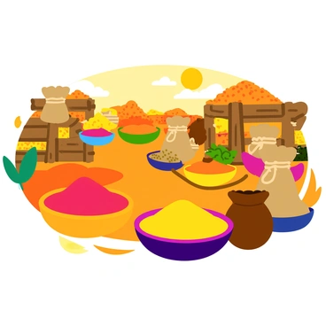 A vibrant spice market filled with an assortment of colorful spices displayed in various bowls and burlap sacks. Each bowl contains a different type of spice, showcasing hues of red, yellow, orange, and brown. The sacks, some tied with twine, overflow with spices like turmeric, paprika, and cumin, creating a visually striking scene. Surrounding the market are wooden stalls adorned with intricate patterns, and in the background, the bright sun casts a warm glow over the bustling activity.