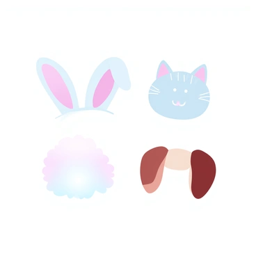A collection of cute animal ears, featuring a bunny, cat, and dog in a whimsical style.