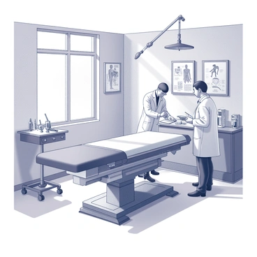 A vintage medical room with antique medical equipment. A large wooden examination table is centered in the room, surrounded by various surgical instruments meticulously arranged on a nearby tray. Two doctors, dressed in period-specific white coats, are engaged in preparation; one doctor is checking a chart while the other is setting up the surgical instruments. The walls are adorned with old medical posters and charts detailing human anatomy. A large window allows natural light to illuminate the space, casting shadows on the floor. A vintage light fixture hangs above, providing additional illumination for the procedure.