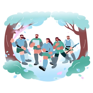 A group of five warriors is moving quietly through a dense forest. The warriors are dressed in a mix of armor and camouflage clothing, blending with the environment. One warrior is leading the group, holding a map in one hand and gesturing forward with the other. The others are positioned closely behind, each equipped with a weapon such as a sword or a bow and arrow. Tall trees surround them, with thick foliage above filtering the sunlight. Various shades of green dominate the scene, with hints of brown from the tree trunks and fallen leaves underfoot. Small animals can be seen darting between the underbrush, adding to the lively atmosphere of the forest.