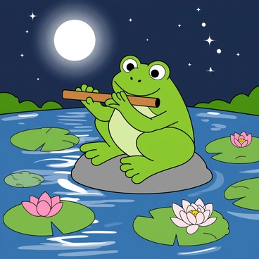 A cheerful frog with bright green skin and large, expressive eyes is sitting on a smooth rock at the edge of a tranquil lily pond. The frog holds a small wooden flute with both hands, bringing it to its mouth as it plays a lively tune. Surrounding the pond are vibrant green lily pads, each adorned with delicate pink and white water lilies. In the background, a glowing full moon casts shimmering reflections on the surface of the water, illuminating the scene with a soft, silvery light. Stars twinkle in the night sky, adding to the playful ambiance of the moment.
