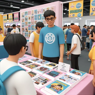 A male illustrator, wearing a blue graphic t-shirt, black jeans, and glasses, is standing behind a table filled with colorful comic books. He has short black hair and a focused expression as he speaks with an interested attendee. The backdrop features vibrant banners displaying comic book artwork. The festival atmosphere is bustling with people browsing tables, animatedly discussing comics, and some cosplaying as their favorite characters. A small display on the table showcases his latest comic series, featuring eye-catching covers.