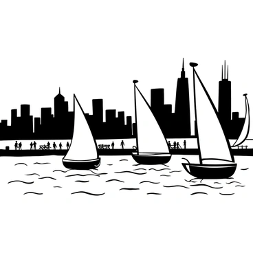 Sailboats with billowing sails are gently bobbing on the water's surface at a Chicago harbor. In the background, the skyline of Chicago is visible, featuring distinct architectural structures rising against the horizon. The harbor is surrounded by a dock with several moored boats and people walking along the edge. There are ripples in the water reflecting the silhouettes of the boats and buildings. The scene conveys a sense of tranquility and activity as the sun casts shadows on the boats.