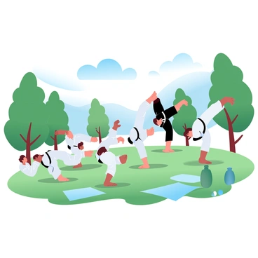 A group of martial artists is engaged in Taekwondo practice within a lush green park. Each martial artist is wearing a traditional dobok, showcasing a range of colors including white, black, and blue. They are executing high kicks and precise stances, displaying dynamic movements. The background features tall trees and well-maintained grass, with a clear blue sky overhead. Some martial artists are grouped together, while others are practicing solo, emphasizing their skills. A few training mats are spread out on the grass, adding an element of practice space. Several spectators are observing from a distance, admiring the performance.