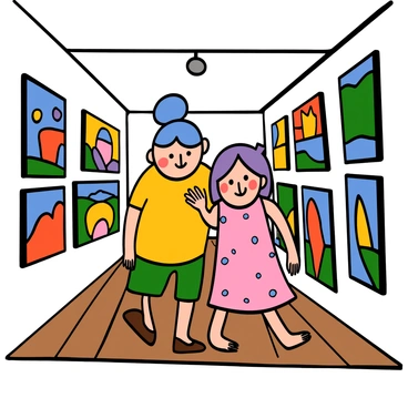 A cartoon character with a round face and bright blue hair, wearing a yellow t-shirt and green shorts, is walking alongside an illustration character with an angular face and purple hair, dressed in a pink dress with blue polka dots. They are exploring a colorful art gallery filled with vibrant paintings on the walls. The paintings depict various scenes, including abstract shapes and landscapes, all in bold colors. The gallery has a bright, cheerful atmosphere, with soft lighting and wooden floors that enhance the lively setting.