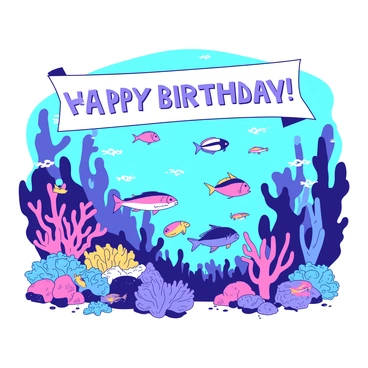 An underwater scene features a vibrant array of colorful fish swimming among various coral reefs. The fish display a mix of bright shades, darting in and out of the corals, which are rich in texture and detail, showcasing their natural beauty. Above the scene, there is a large banner that reads "Happy Birthday" in bold letters. The overall composition creates a lively and festive atmosphere, perfect for a birthday celebration under the sea.