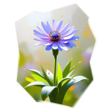 A vibrant cornflower with deep blue petals is beautifully adorned with glistening raindrops that cling to its surface after a light shower. The flower stands tall among lush green foliage, with a few leaves displaying droplets of water as well. The background features soft out-of-focus greenery that highlights the cornflower as the focal point of the composition. The raindrops catch the light, creating a sparkling effect on the petals and adding a fresh, rejuvenated look to the entire scene.
