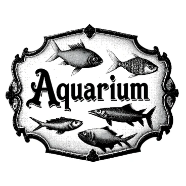 An old-fashioned aquarium sign is displayed prominently. The sign features an ornate, decorative border that enhances its vintage charm. The lettering is styled with a classic font, elegantly painted in a way that draws attention. Several painted fish are depicted on the sign, showcasing various poses and designs. Each fish is detailed with patterns and textures that highlight their unique characteristics. The overall composition of the sign is balanced, creating an appealing visual presentation.