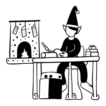 An elf sitting at a small wooden desk, focused on writing a letter to Santa. The desk is cluttered with various colorful stationery, and its surface is covered in glitter that sparkles under an unseen light. The elf, with pointed ears and a tall, green hat, is holding a quill in one hand as they carefully write. Nearby, there are several completed letters stacked neatly. In the background, there is a cozy fireplace with stockings hanging, adding to the festive atmosphere.