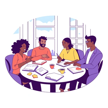 A round table is set in a well-lit room with a diverse group of individuals engaged in lively discussion. There are five people of different ethnicities and genders, sitting around the table, each with a notebook and a pen in hand. One person, a woman with curly hair, is enthusiastically sharing her thoughts while another, a man with glasses, listens attentively and takes notes. A third person, an older gentleman with a beard, is gesturing with his hands to emphasize a point. The table is scattered with colorful sticky notes and cups of coffee. Large windows in the background let in natural light, illuminating the scene of collaboration and idea sharing.