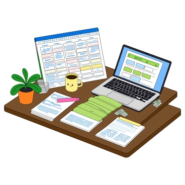 A wooden desk with a dark finish, covered in a jumble of colorful schedules and booking forms. The schedules are printed in bright tones of blue, green, and yellow, with various handwritten notes in blue ink. A large calendar is opened, displaying the current month with several dates circled in red. A small potted plant sits at one corner of the desk, adding a touch of green to the scene. Near the plant, there is a stack of business cards neatly arranged. A pink highlighter is lying next to the papers, and a coffee mug with a cheerful smiling face is placed among the documents. A laptop is open and displaying a calendar application filled with events.
