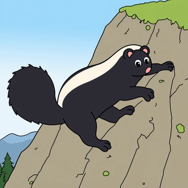 A cartoon skunk with black and white fur is climbing a steep, rocky cliffside. The skunk has large, expressive eyes that convey determination. Its tail is bushy and stands upright, adding to its playful appearance. The rocky surface is detailed with various shades of gray and brown, with scattered patches of green moss. The skunk's front paws are gripping onto a protruding rock while its back legs are firmly planted. In the background, there are hints of distant mountains and a bright blue sky, enhancing the adventurous atmosphere.