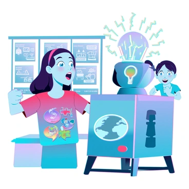 A young child with bright eyes and a surprised expression, their hair standing on end due to static electricity. The child has a round face and is wearing a colorful t-shirt with cartoon characters on it. They are standing in front of a metallic Van de Graaff generator, which is sparking and emitting a faint blue glow. The background features a science classroom with posters of scientific concepts, and a teacher can be seen in the corner, smiling at the child’s reaction.