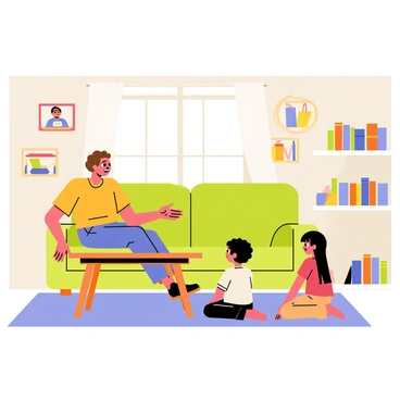 A cozy living room filled with warm colors and comfortable furniture. In the center, a family is gathered around a wooden coffee table. A parent with short brown hair is sitting on a plush green sofa, animatedly explaining a "refer-a-friend benefit" while gesturing with their hands. Two children, a boy with curly hair and a girl with straight hair, are sitting cross-legged on the floor, listening intently. The background features a large window with light streaming in, a bookshelf filled with colorful books, and framed family photos on the walls.