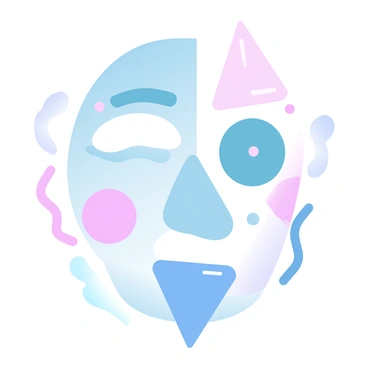 A composition of geometric shapes and patterns forms a face. The structure includes triangles, circles, and rectangles in a variety of colors and sizes, creating distinct sections for the forehead, cheeks, and chin. Each shape showcases unique patterns such as stripes, polka dots, and zigzags. The background features a gradient of pastel colors, enhancing the vibrancy of the geometric design.