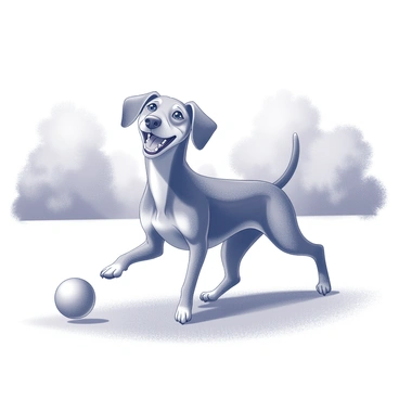 A dackel with a long body and short legs is joyfully interacting with a bright ball. The dog has its ears perked up, and its mouth is open in a playful expression. The ball is round and positioned nearby, with the dackel's paw raised, as if ready to bat it away. Surrounding them is a park setting with lush green grass and the outlines of trees in the background. The sky above is clear and bright, indicating a sunny day.