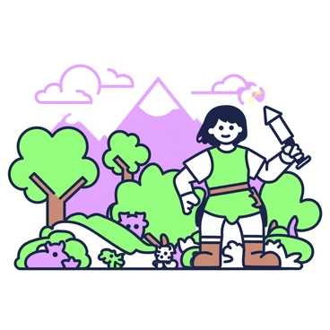 A pixel art game scene depicting a vibrant fantasy environment. In the foreground, the main character is a hero with a determined expression. They are equipped with a fourchette held firmly in their right hand, ready for battle. The character is wearing a green tunic and brown boots, with short hair. Surrounding them are various pixelated enemies, such as small goblins and creatures, all rendered in the pixel art style. In the background, there are lush green trees and a distant purple mountain range under a clear sky. A pixelated sun casts light on the entire scene, enhancing the playful atmosphere.