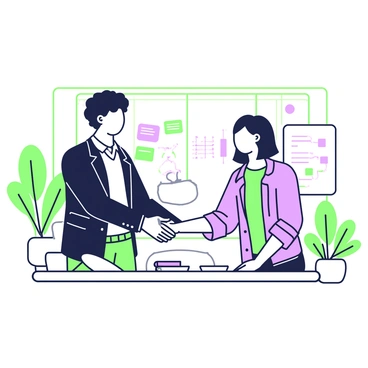 Two startup founders are shaking hands in a modern office environment. One founder has curly hair and is wearing a dark blazer over a white shirt. The other founder has straight hair and is dressed in a casual button-up shirt with rolled-up sleeves. The office features large windows that provide natural light, with green plants placed in the corners. In the background, sleek furniture and a whiteboard covered in colorful notes and diagrams are visible, enhancing the innovative atmosphere of the space. A coffee table with a few notebooks and a laptop sits to the side.