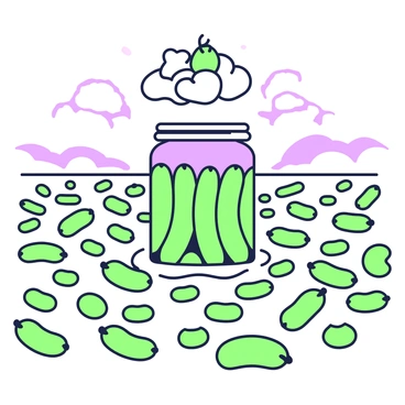 A vast ocean is filled with pickles, creating an unusual landscape. The water appears as a rolling surface of green pickles in various shapes and sizes. In the center, there is an island shaped like a jar, which is transparent and filled with more pickles. The jar is standing upright, casting a shadow on the floating pickles around it. At the horizon, the sky is a gradient that adds to the surreal aspect of the scene. Above the jar island, there are whimsical clouds shaped like various vegetables, further enhancing the peculiar environment.