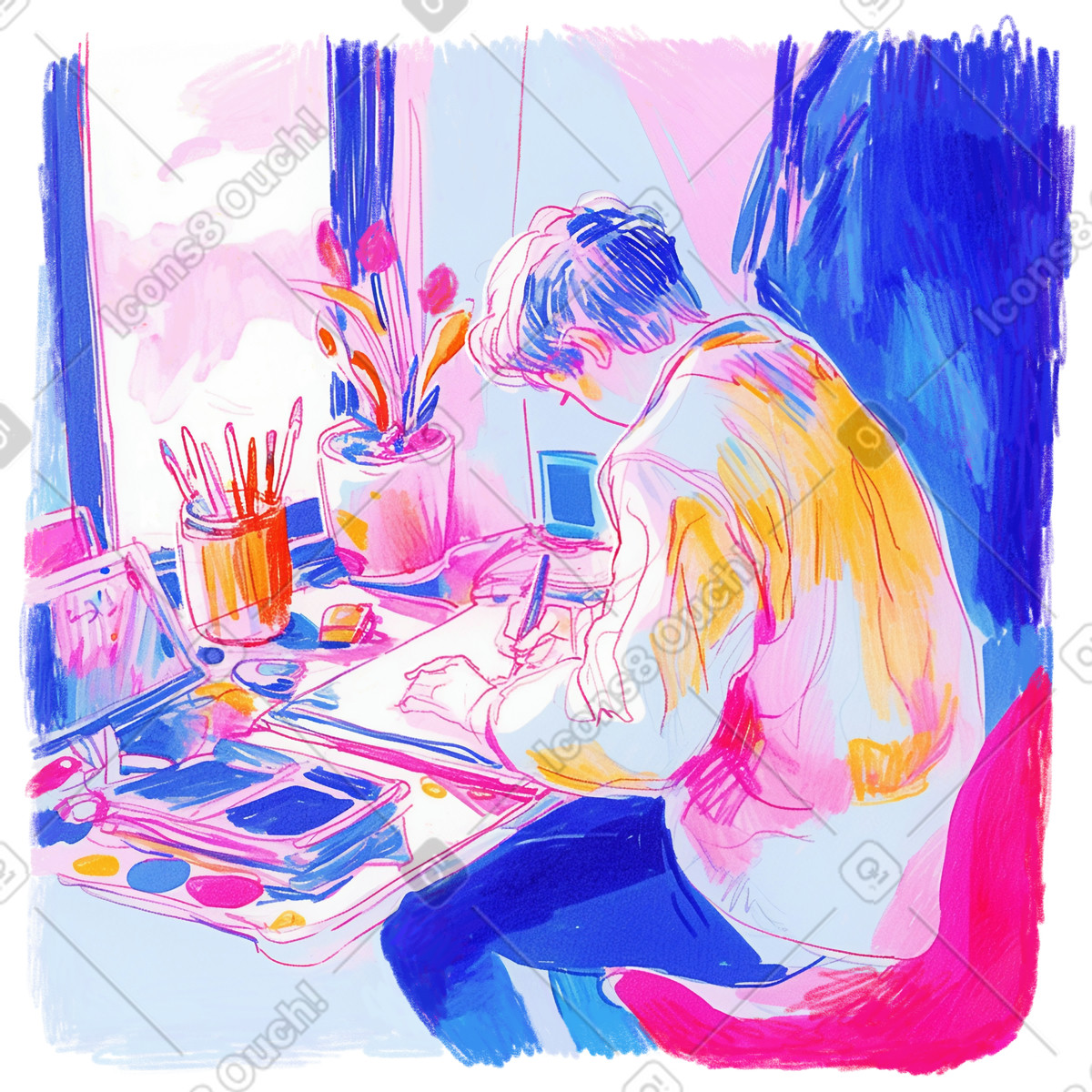 Illustration Dessin au crayon d'un jeune homme dessinant à table dans le style Fuchsia télécharger aux formats PNG, SVG