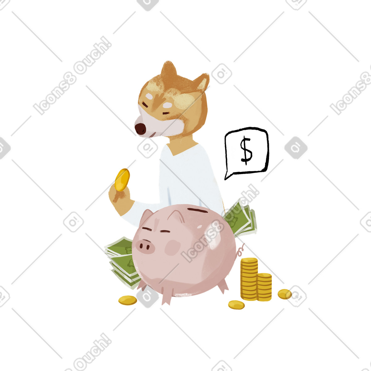 Ikigai スタイルの Keeping money in a piggy bank のイラストをPNG、SVG形式でダウンロード