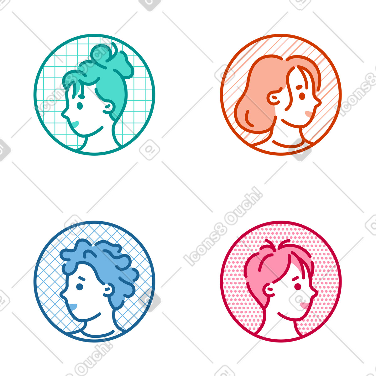 Colorful avatars set in patterned circles, Online community profile pictures-Illustration im Natty-Stil als Download PNG, SVG