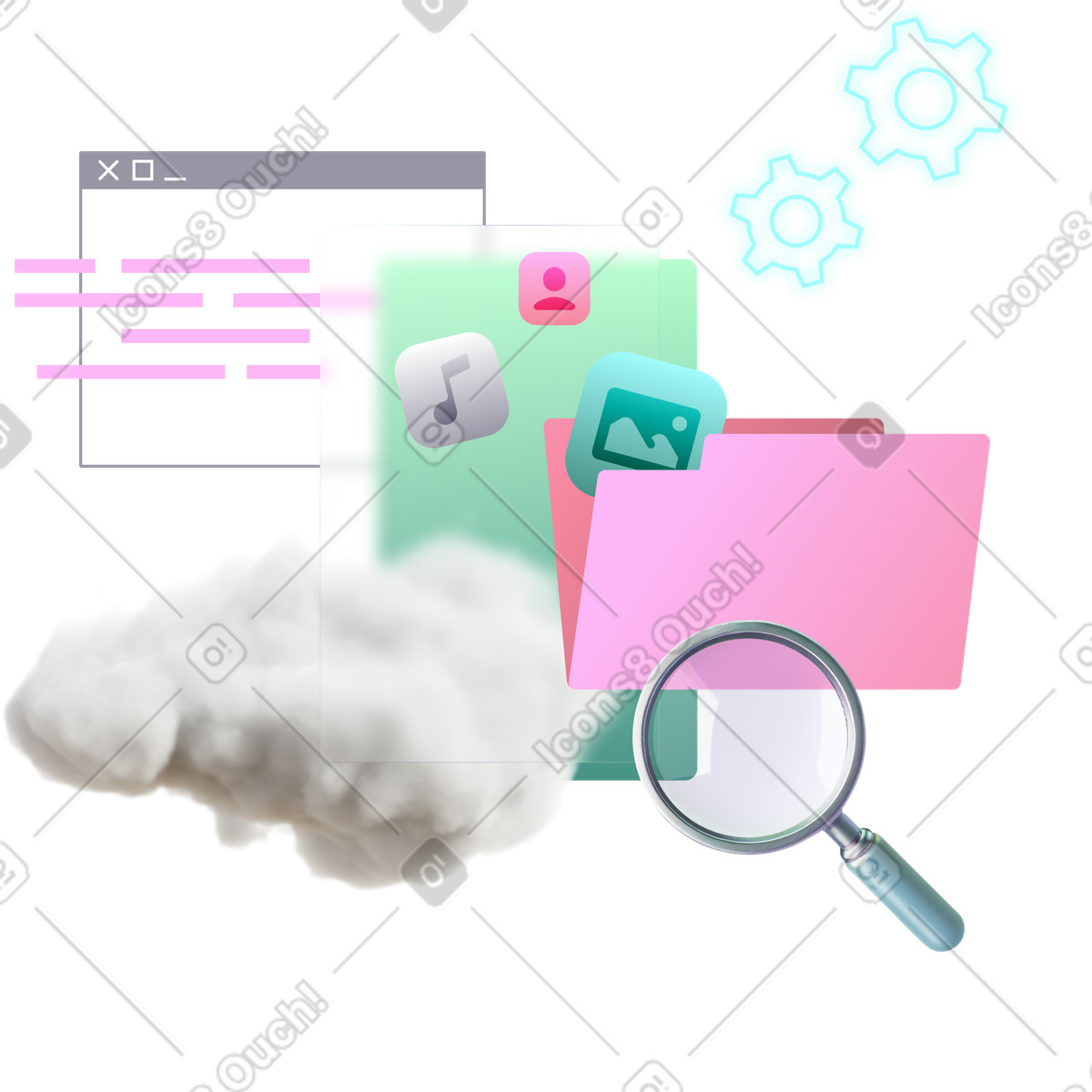 Archiviazione cloud e file multimediali illustrazione in stile Chromed scarica in PNG, SVG