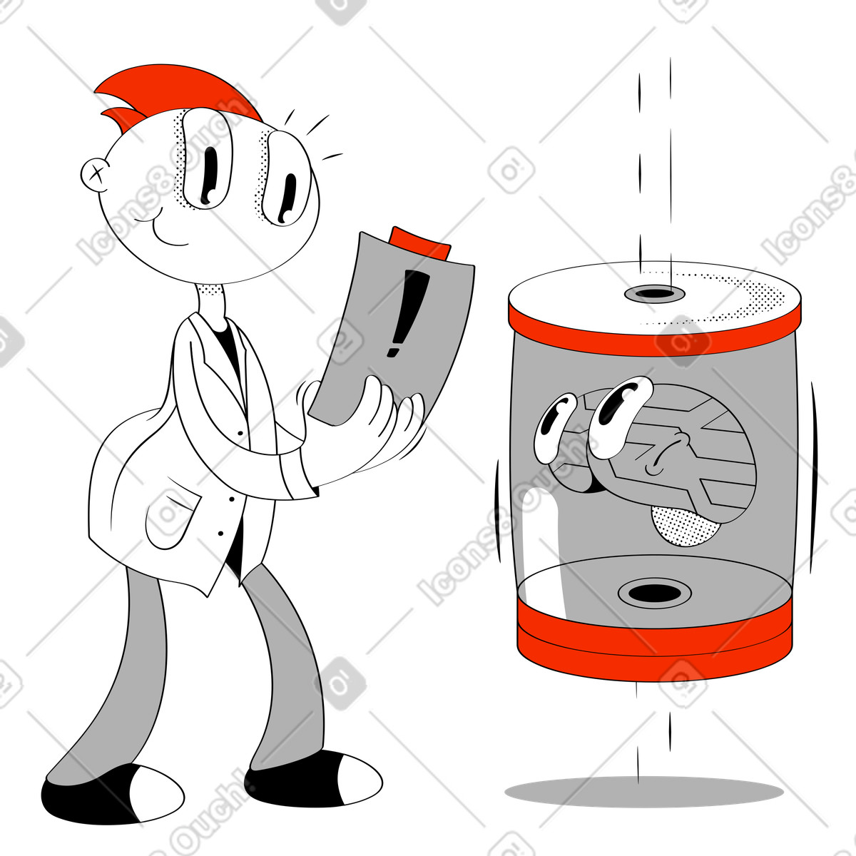 Scienziato che lavora su un cervello di intelligenza artificiale in barattolo illustrazione stile Looney scarica PNG, SVG