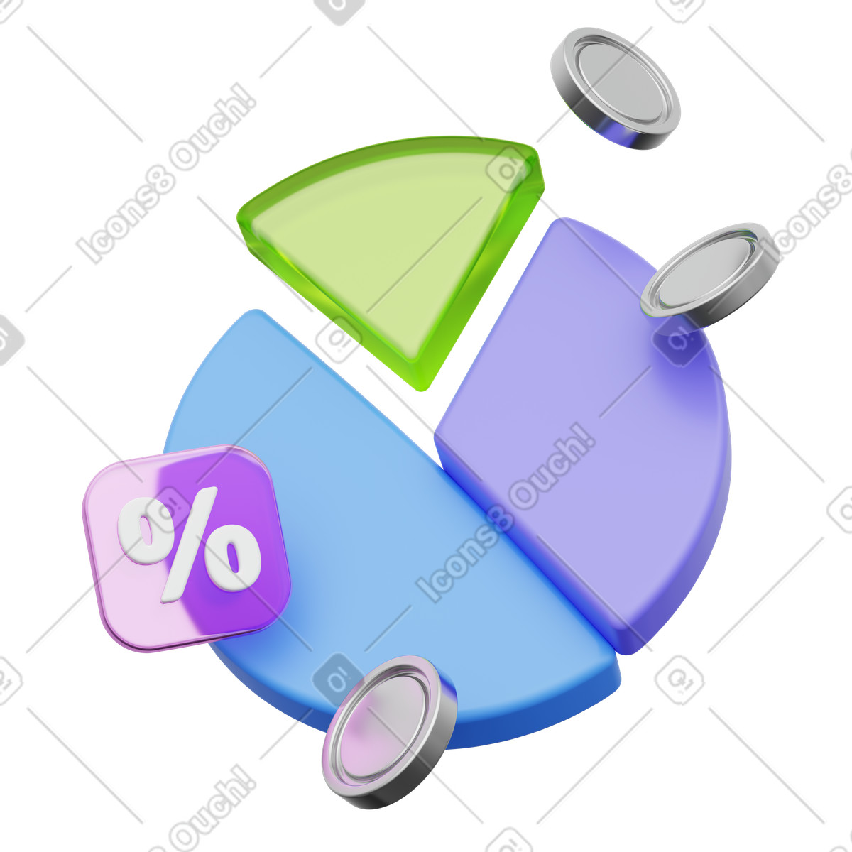 Pie chart with percent sign and coins, financial statistics and interest rate illustration in PNG, SVG